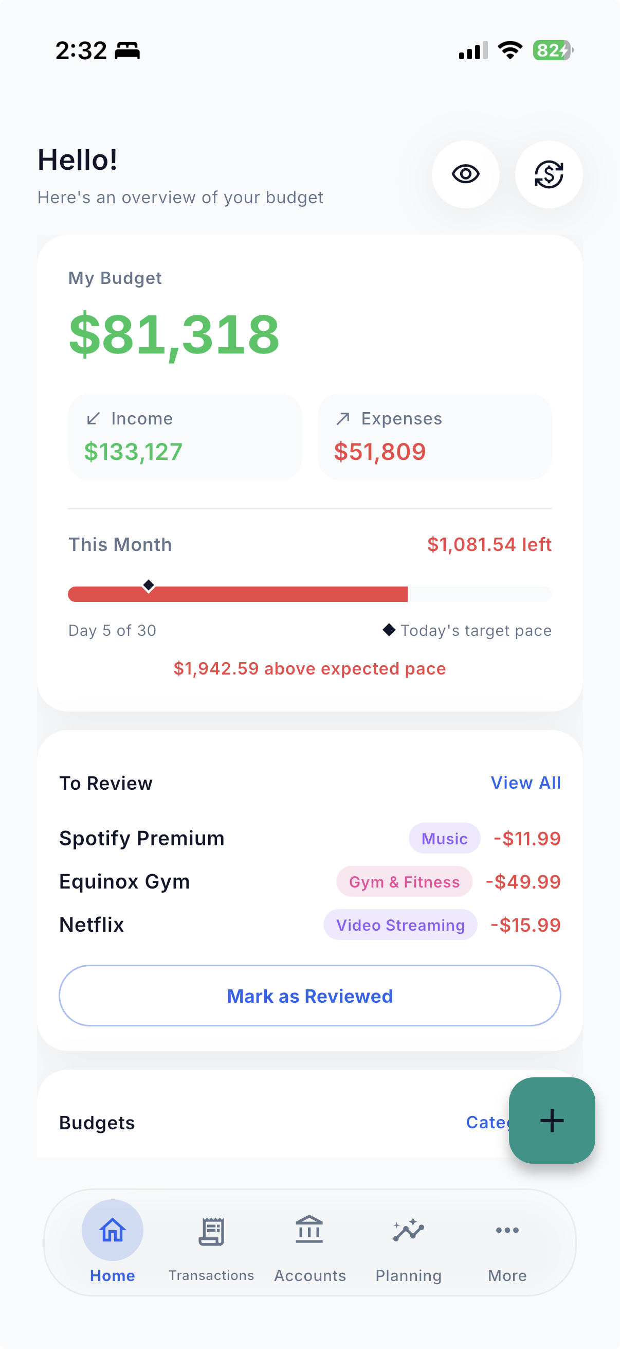 Money Wise dashboard screen showing this month's budget, income, expenses, and pace