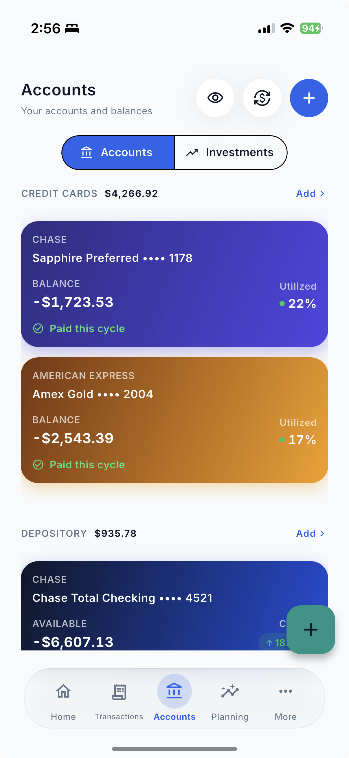 Accounts screen preview
